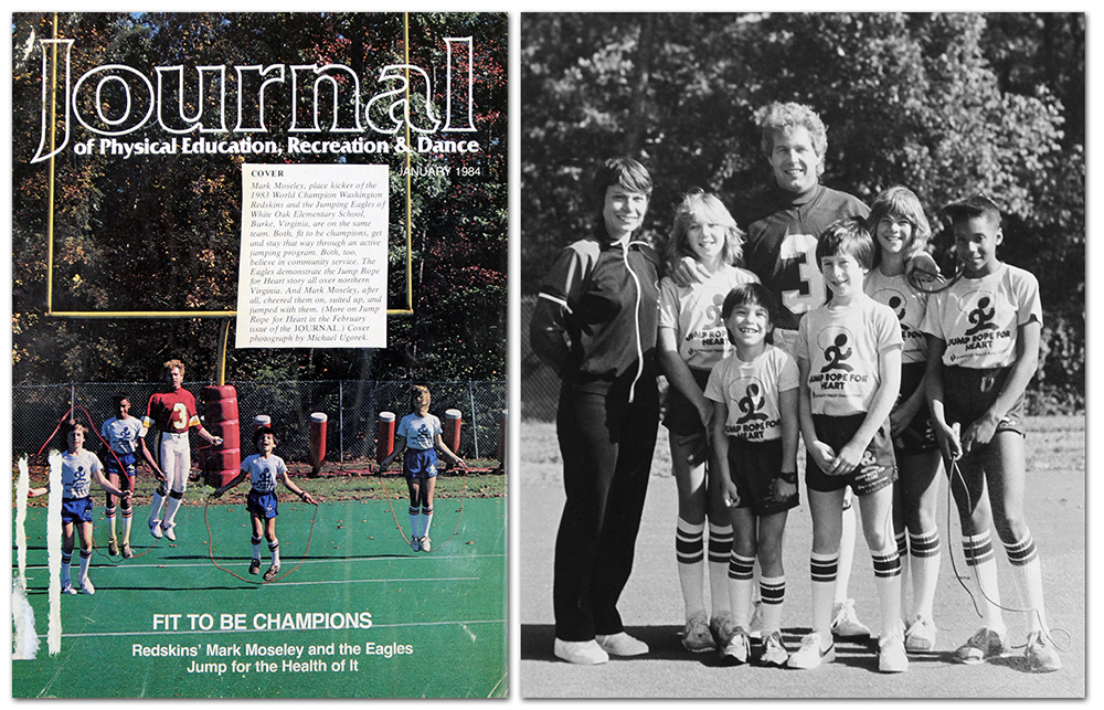 Photographs of the cover of the Journal showing Mark Moseley jumping rope with students; and a second picture of Moseley posing with the students.